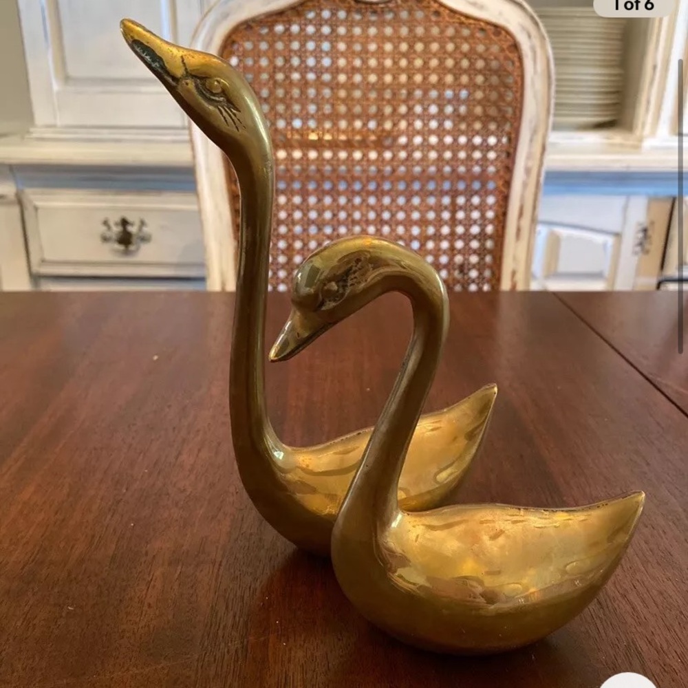 Vintage Pair Brass Swans Figurines Mid-Century Modern MCM Solid